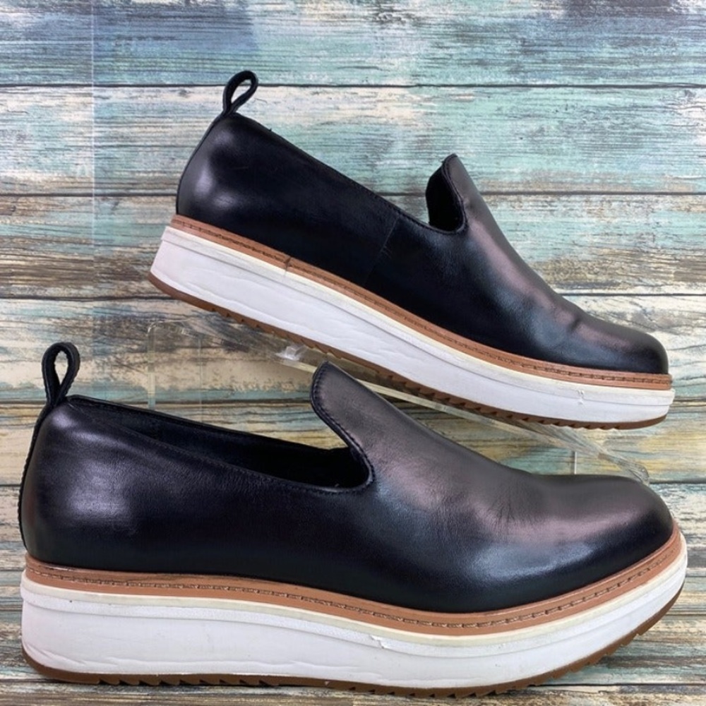 Clarks Teadale Genna Black Leather Platform Loafer Comfort Wedge, women’s 8